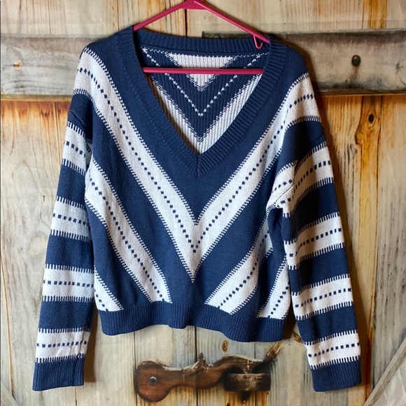 Sweaters - Vintage 90s Navy and White Striped V-Neck Sweater